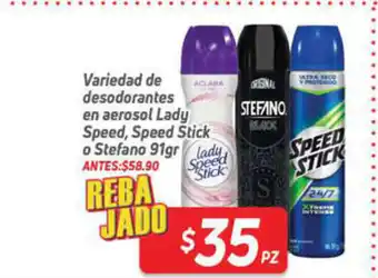 Variedad de desodorantes en aerosol Lady Speed, Speed Stick o Stefano 91gr