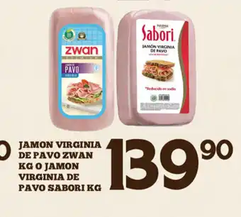 Alsuper Jamon Virginia de Pavo Zwan kg o Jamon Virginia de Pavo Sabori kg oferta