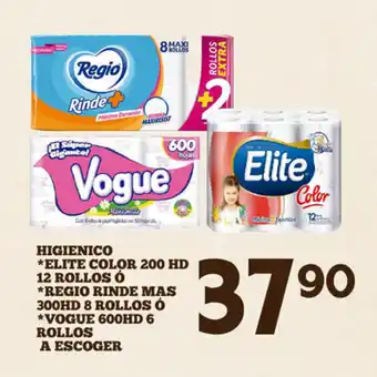 Alsuper Higienico *Elite Color 200 HD 12 Rollos *Regio Rinde Mas 300HD 8 Rollos *Vogue 600HD 6 Rollos A Escoger oferta