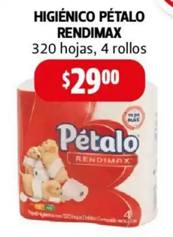 Farmacias Guadalajara HIGIÉNICO PÉTALO RENDIMAX 320 hojas, 4 rollos oferta