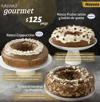 Soriana Híper Rosca Cappuccino, Rosca Frutos secos y betún de queso, Rosca almendras y chocolate oferta