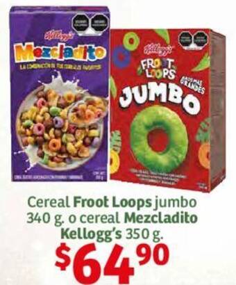 Soriana Híper Cereal Froot Loops jumbo 340 g. o cereal Mezcladito Kellogg's 350g oferta