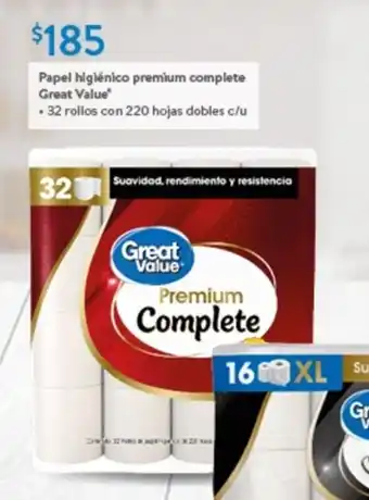 Walmart Express Papel higiénico premium complete Great Value 32 rollos con 220 hojas dobles c/u oferta