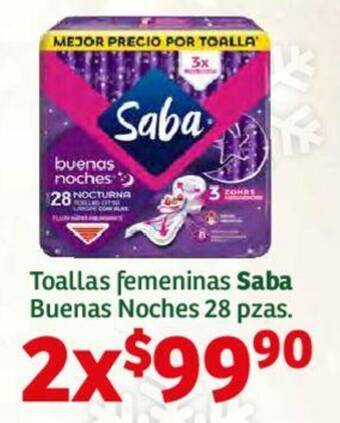 Soriana Híper Toallas femeninas Saba Buenas Noches 28 pzas. x 2 oferta
