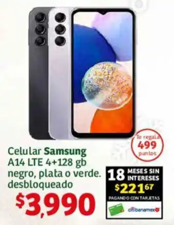 Soriana Híper Celular Samsung A14 LTE 4+128 gb negro, plata o verde. desbloqueado oferta