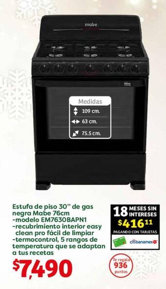 Soriana Híper mabe Estufa de piso 30" de gas negra 76cm oferta