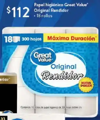 Walmart Papel higiénico Great Value Original Pendidor 18 rollos oferta