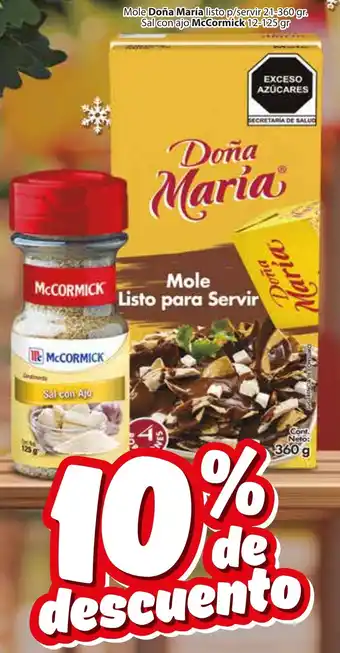 Zorro Mole Doña María listo p/servir 21-360 gr. Sal con ajo McCormick 12-125 gr oferta