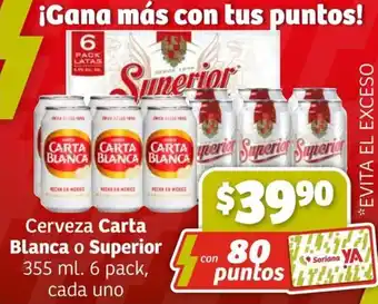 Soriana Mercado Cerveza Carta Blanca o Superior 355 ml 6 pack oferta
