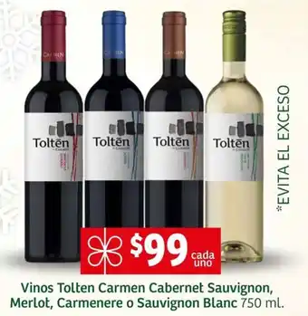 Vinos Toltēn Carmen Cabernet Sauvignon, Merlot, Carmenere o Sauvignon Blanc 750 mL.