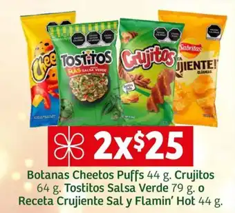 Botanas Cheetos Puffs 44 g. Crujitos 64 g. Tostitos Salsa Verde 79 g. o Receta Crujiente Sal y Flamin' Hot 44 g. x 2