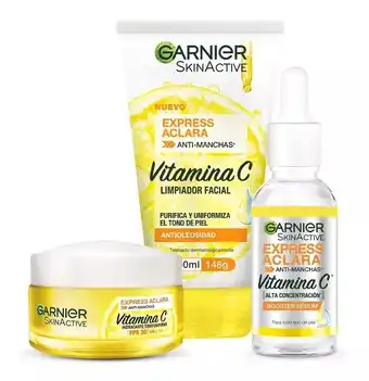 Kit garnier express aclara vitamina c: serum antimanchas + crema hidratante + gel limpiador facial