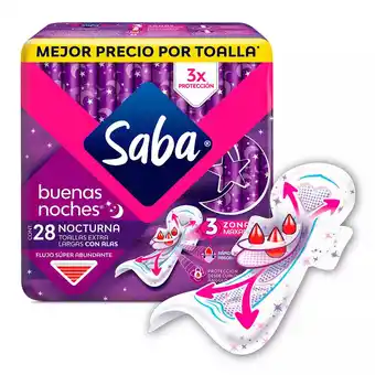 Toallas femeninas saba buenas noches nocturna con alas 28 unidades