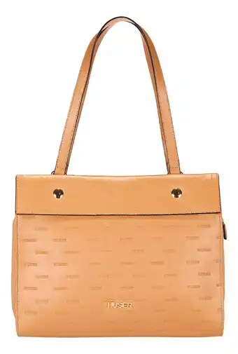 Bolsa tote huser para mujer sh22407-1 acabado de los herrajes oro color camel diseño de la tela logotipo grabado