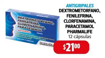 Farmacias Guadalajara DEXTROMETORFANO, FENILEFRINA CLORFENAMINA, PARACETAMOL PHARMALIFE 12 cápsulas oferta