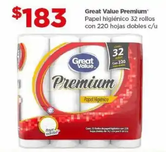 Bodega Aurrerá Great Value Premium Papel higiénico 32 rollos con 220 hojas dobles c/u oferta