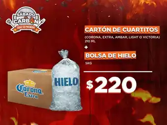 Kiosko CARTÓN DE CUARTITOS (CORONA, EXTRA, AMBAR, LIGHT O VICTORIA) 210 ML + BOLSA DE HIELO 5KG oferta