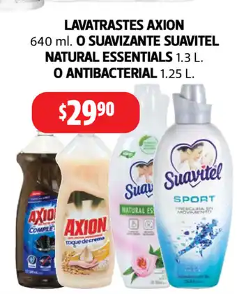 Farmacias Guadalajara Lavatrastes Axion 640 ml o Suavizante Suavitel Natural Essentials 1.3L o Antibacterial 1.25 L oferta