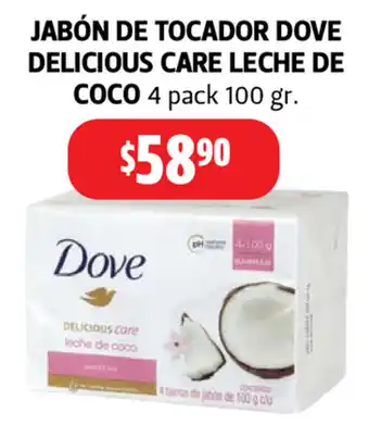 Farmacias Guadalajara Jabon de Tocador Dove Delicious Care Leche De Coco 4 Pack 100 gr oferta