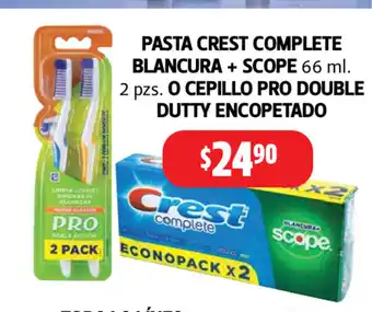 Farmacias Guadalajara Pasta Crest Complete Blancura + Scope 66 ml 2 pzs o Cepillo Pro Double Dutty Encopetado oferta