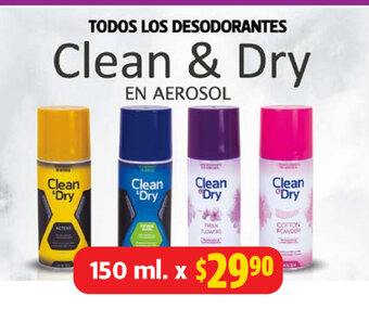 Farmacias Guadalajara Todos los Desodorantes Clean & Dry En Aerosol 150 ml oferta