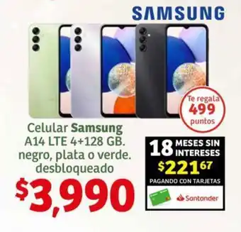 Soriana Híper Celular Samsung A14 LTE 4+128 GB. negro, plata o verde. desbloqueado oferta