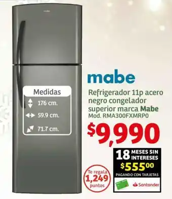 Refrigerador 11p acero negro congelador superior marca Mabe