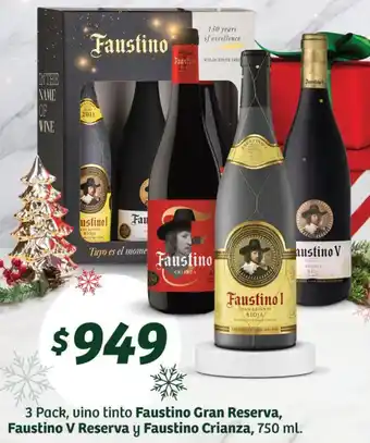 Soriana Híper 3 Pack, vino tinto Faustino Gran Reserva, Faustino V Reserva y Faustino Crianza, 750 ml. oferta
