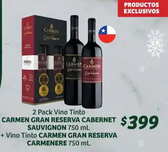 Soriana Híper 2 Pack Vino Tinto CARMEN GRAN RESERVA CABERNET SAUVIGNON 750 ml. + Vino Tinto CARMEN GRAN RESERVA CARMENERE 750 ml. oferta