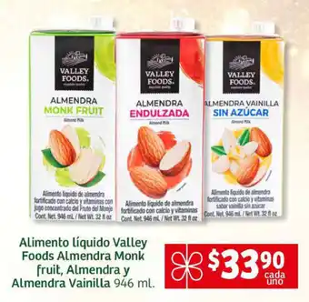 Alimento Líquido Valley Foods Almendra Monk fruit, Almendra y Almendra Vainilla 946 ml.