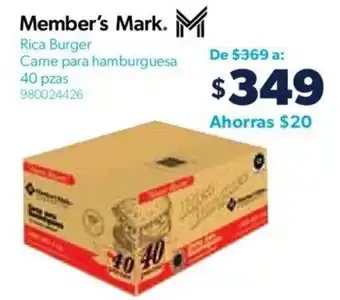 Sam's Club Member's Mark Rica Burger Carne para hamburguesa 40 pas oferta