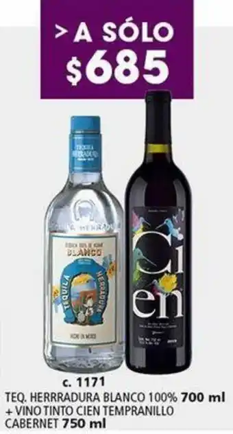 Bodegas Alianza TEQUILA HERRRADURA BLANCO 700 ml + VINO TINTO CIEN TEMPRANILLO CABERNET 750 ml oferta