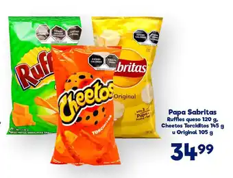 Papa Sabritas Ruffles queso 120 g, Cheetos Torciditos 145 g u Original 105 g