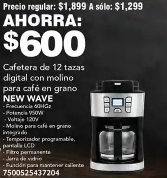 Soriana Híper Cafetera de 12 tazas digital con molino para café en grano NEW WAVE oferta