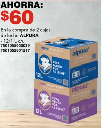 Soriana Híper En la compra de 2 cajas de leche ALPURA 12/1L oferta