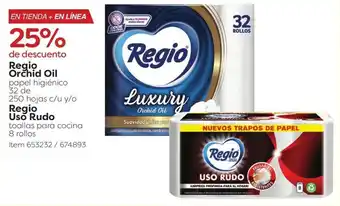 Regio Orchid Oil papel higiénico 32 de 250 hojas c/u y/o Regio Uso Rudo toallas para cocina 8 rollos