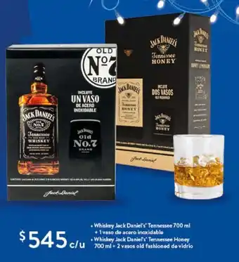 Walmart Whiskey Jack Daniel's Tennessee + 1 vaso de acero inoxidable / Tennessee Honey 700 ml + 2 vasos old fashioned de vidrio oferta