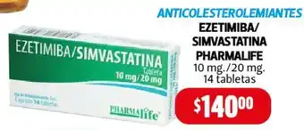 Farmacias Guadalajara ANTICOLESTEROLEMIANTES EZETIMIBA/ SIMVASTATINA PHARMALIFE 10 mg./20 mg 14 tabletas oferta