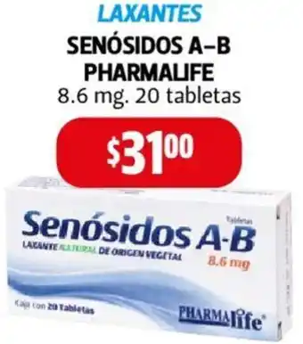 Farmacias Guadalajara LAXANTES SENÓSIDOS A-B PHARMALIFE 8.6 mg. 20 tabletas oferta