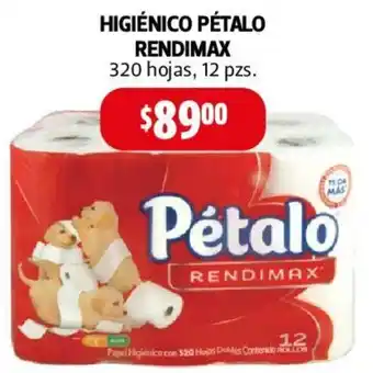 Farmacias Guadalajara HIGIÉNICO PÉTALO RENDIMAX 320 hojas, 12 pzs oferta