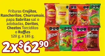 Soriana Súper Frituras Crujitos, Rancheritos, Churrumais, papa Sabritas sal o adobadas, Doritos, Cheetos Torciditos/Ruffles 120 g. /185 g. oferta
