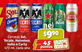 Cerveza Sol, Tecate, Heineken, Indio o Carta 473 ml. cada una