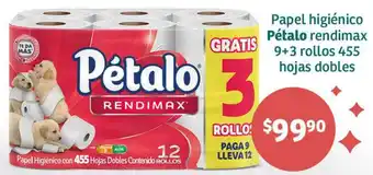 Soriana Híper Papel higiénico Pétalo rendimax 9+3 rollos 455 hojas dobles oferta