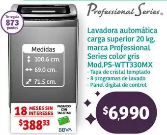 Soriana Híper Professional Series Lavadora automática carga superior 20 kg. marca Professional Series color gris Mod.PS-WTT330MX oferta
