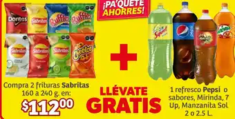 Compra 2 frituras Sabritas 160 a 240g + 1 refresco Pepsi o sabores, Mirinda, 7 Up, Manzanita Sol 2 o 2.5L