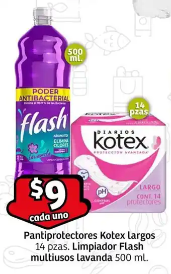 Pantiprotectores Kotex largos 14 pzas. Limpiador Flash multiusos lavanda 500 ml.