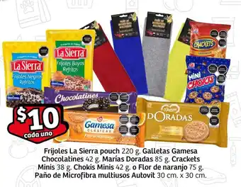 Frijoles 220g. Chocolatines 42g. Doradas 85g. Crackets 38g. Chokis Minis 42g. o Flor de naranjo 75g. Paño 30x30 cm. cada uno
