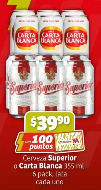 Soriana Express Cerveza Superior o Carta Blanca 355 ml. 6 pack, lata c/u oferta
