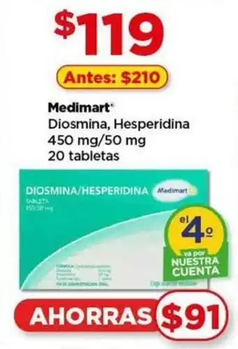 Bodega Aurrerá Medimart Diosmina, Hesperidina 450 mg/50 mg 20 tabletas oferta