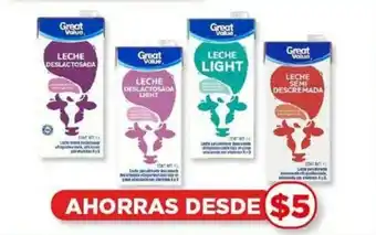 Bodega Aurrerá Great Value Leche light, semi descremada, deslactosada o deslactosada light 1L x 2 oferta